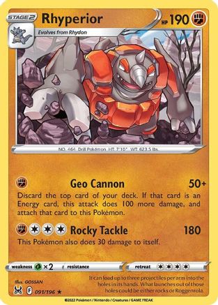 Rhyperior 91/196 - SWSH11 Lost Origin Reverse Holofoil