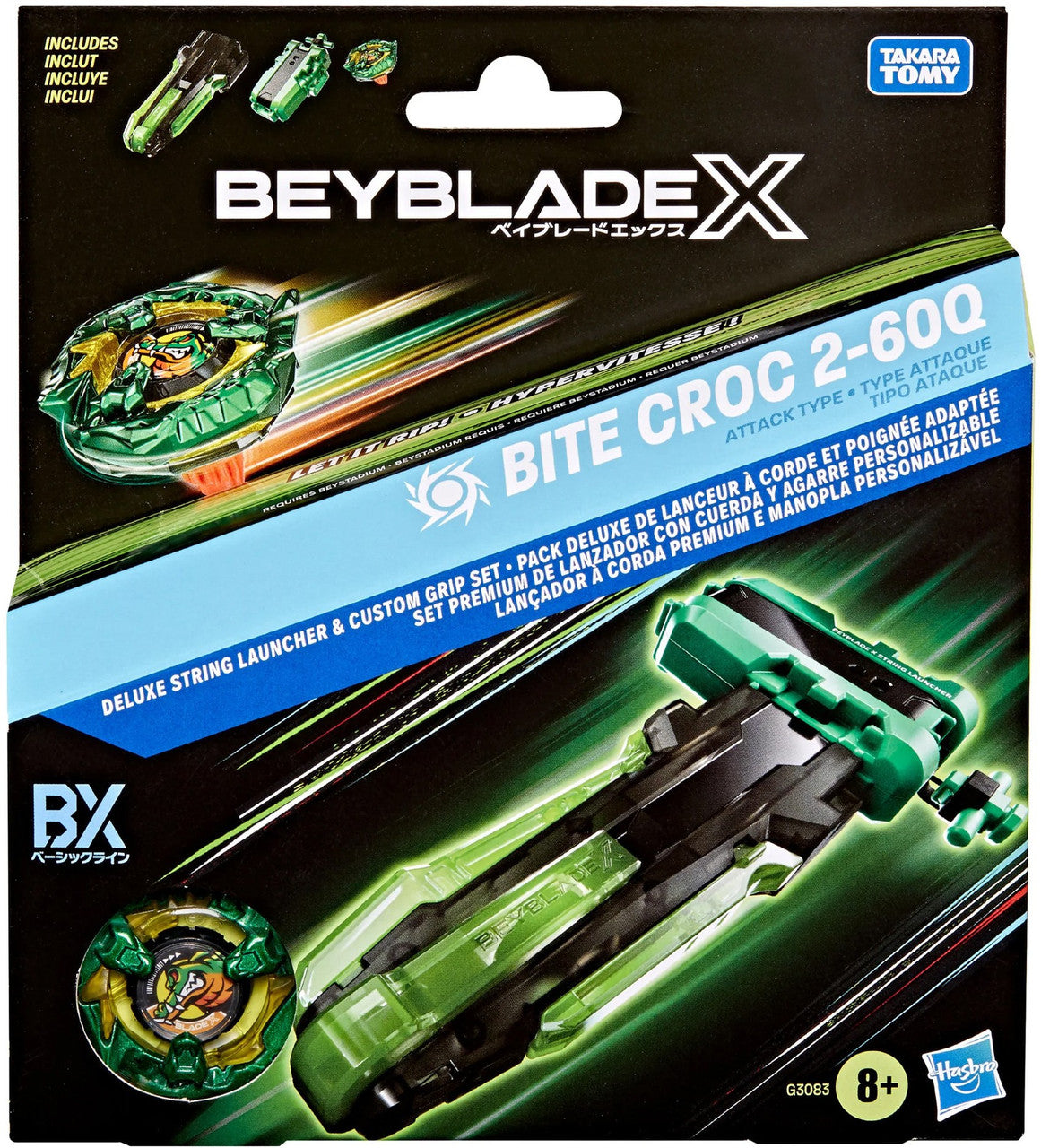 Hasbro Beyblade X Bite Croc 2-60Q Deluxe String Launcher & Custom Grip Set
