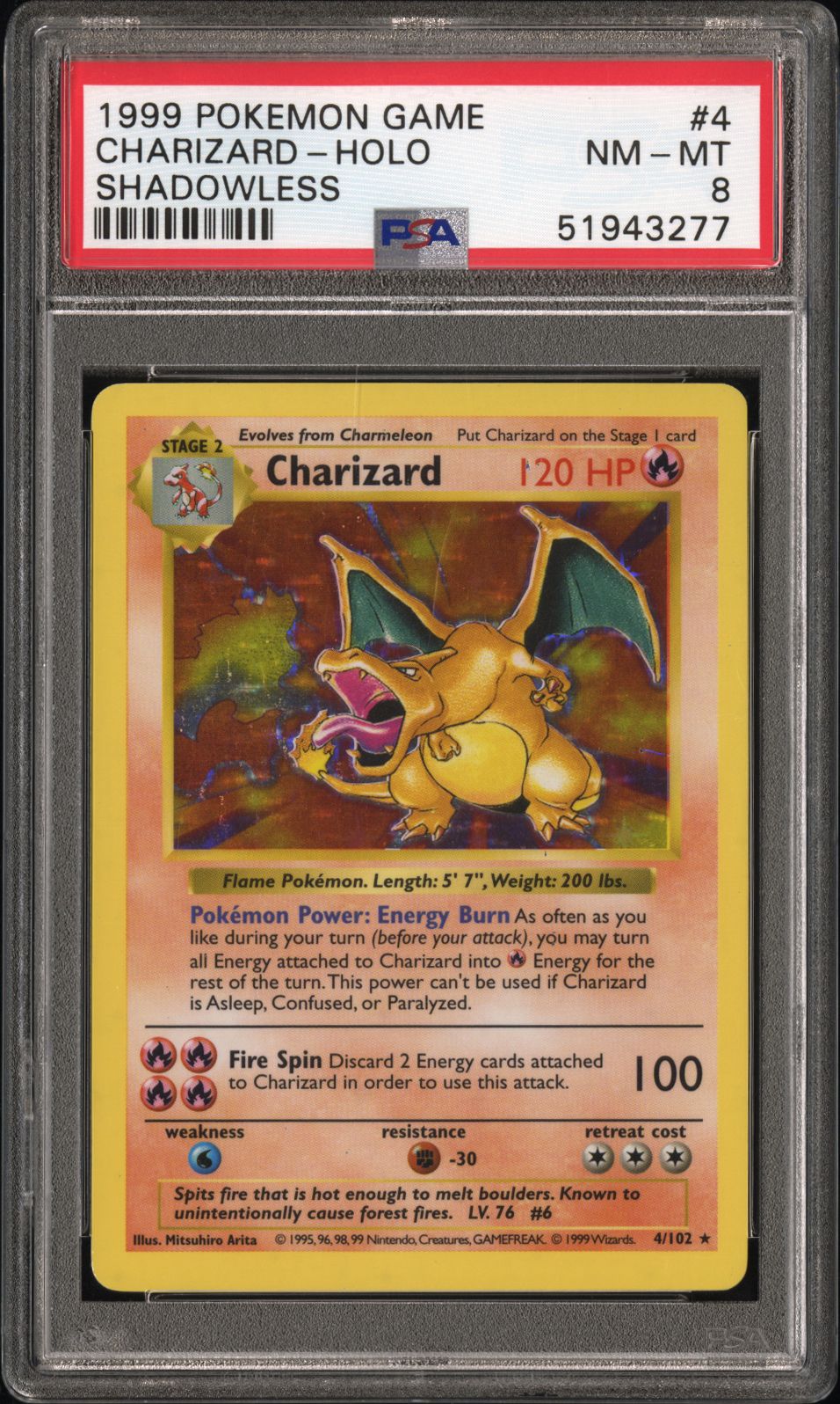 PSA 8 1999 POKEMON GAME #4 CHARIZARD-HOLO SHADOWLESS
