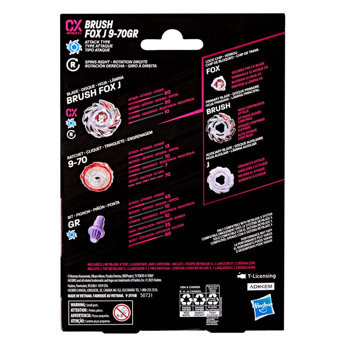 Hasbro Beyblade X Brush Fox J 9-70GR CX Starter Pack — packaging (back)