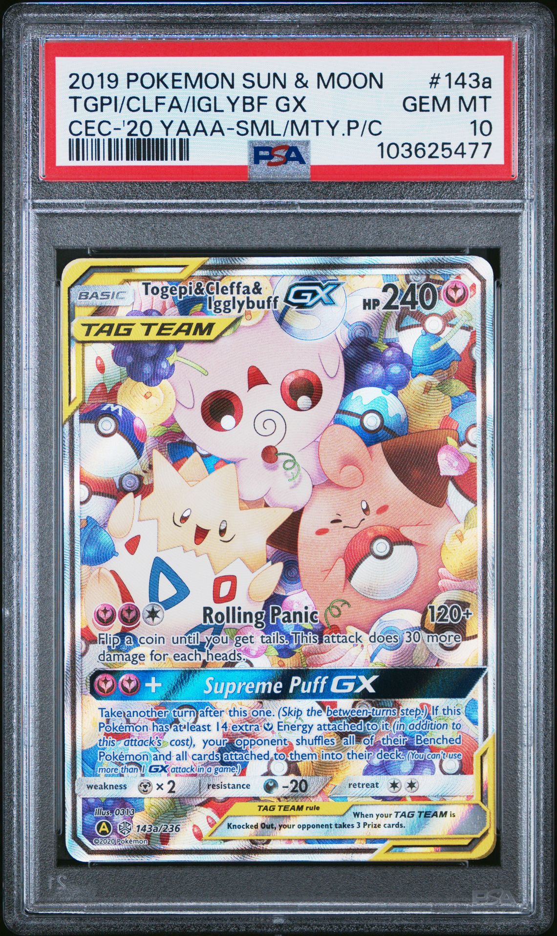 PSA 10 2019 POKEMON SUN & MOON COSMIC ECLIPSE #143a TGPI/CLFA/IGLYBF GX CEC-'20 YAAA-SML/MTY.P/C