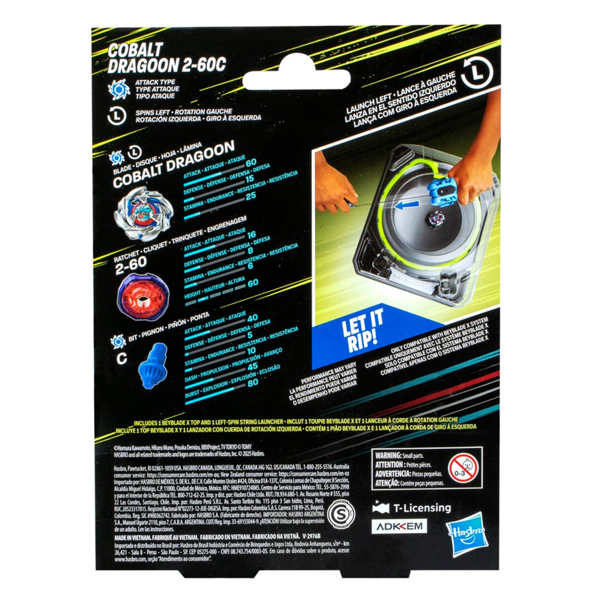 Hasbro Beyblade X Cobalt Dragoon 2-60C Left-Spin String Launcher Set — packaging (back)