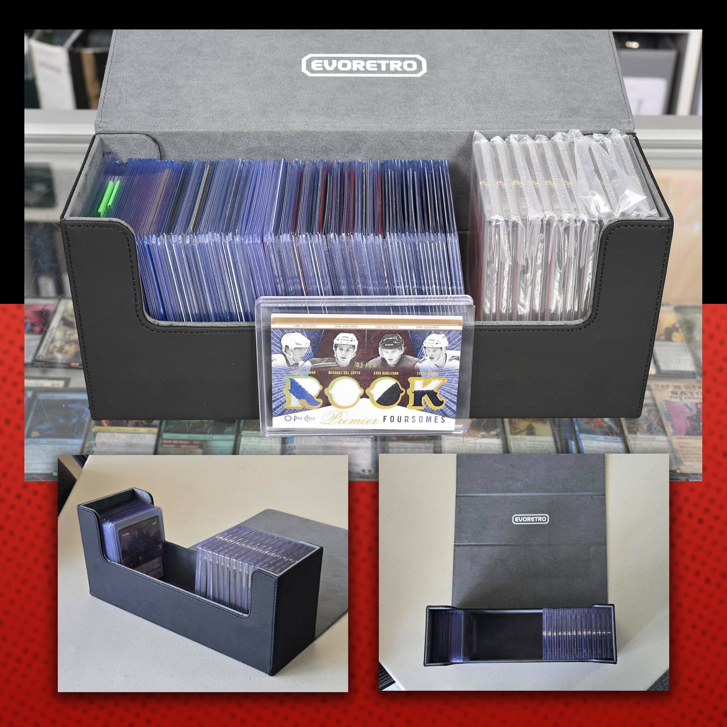 EVORETRO Magnetic Card Holder - 180+ Toploaders or 500+ Trading Cards | Black/Grey