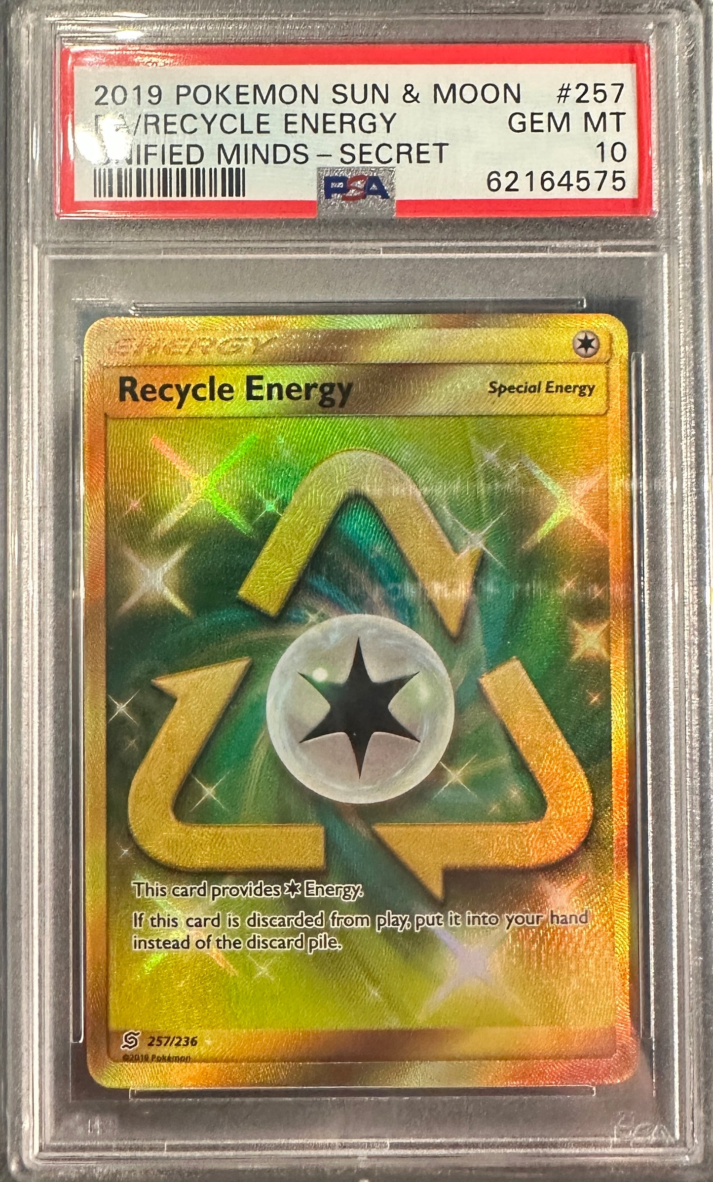 PSA 10 2019 POKEMON SUN & MOON UNIFIED MINDS | SECRET#257 FULL ART/RECYCLE ENERGY