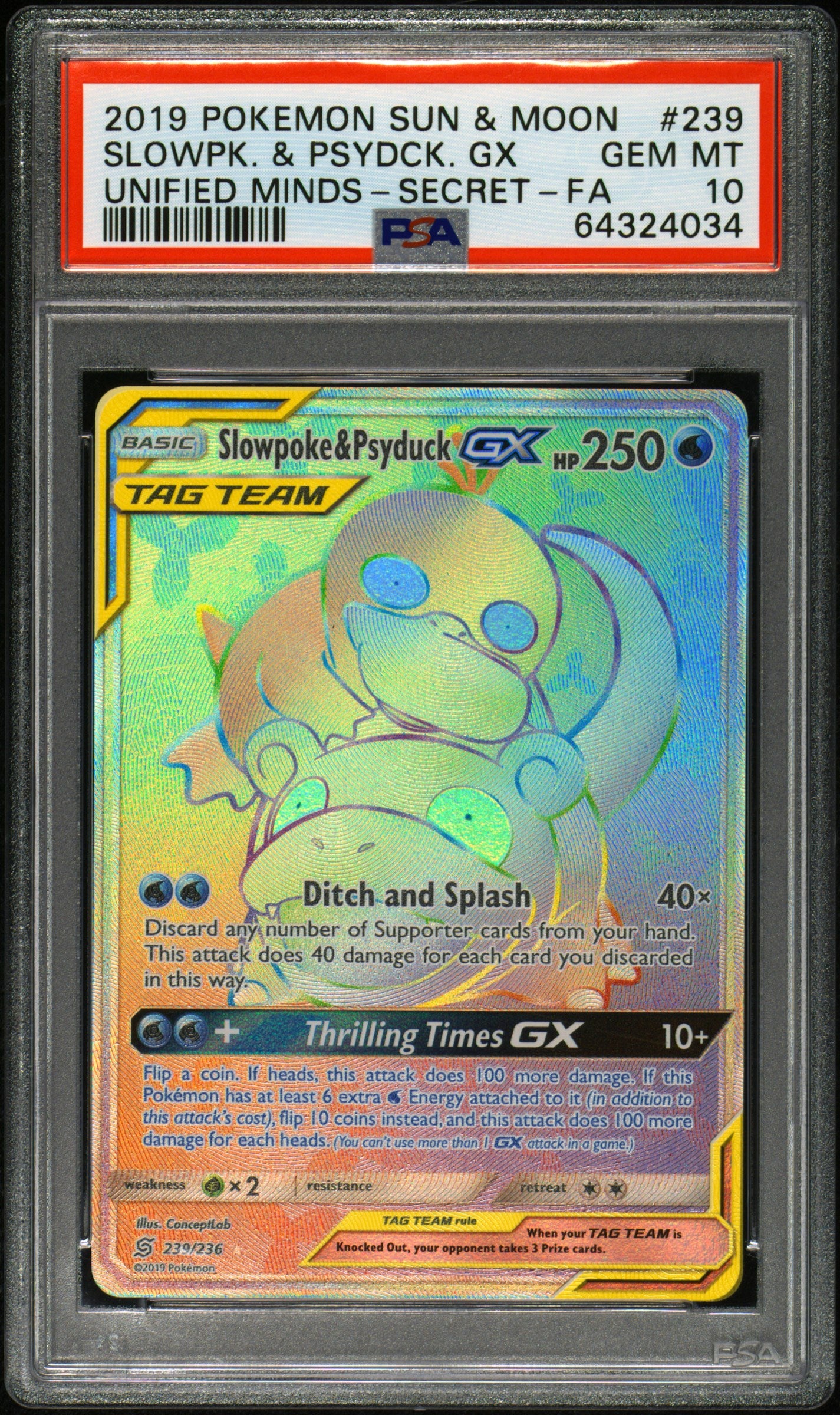 PSA 10 2019 POKEMON SUN & MOON UNIFIED MINDS | SECRET#239 FULL ART/SLOWPOKE & PSYDUCK GX