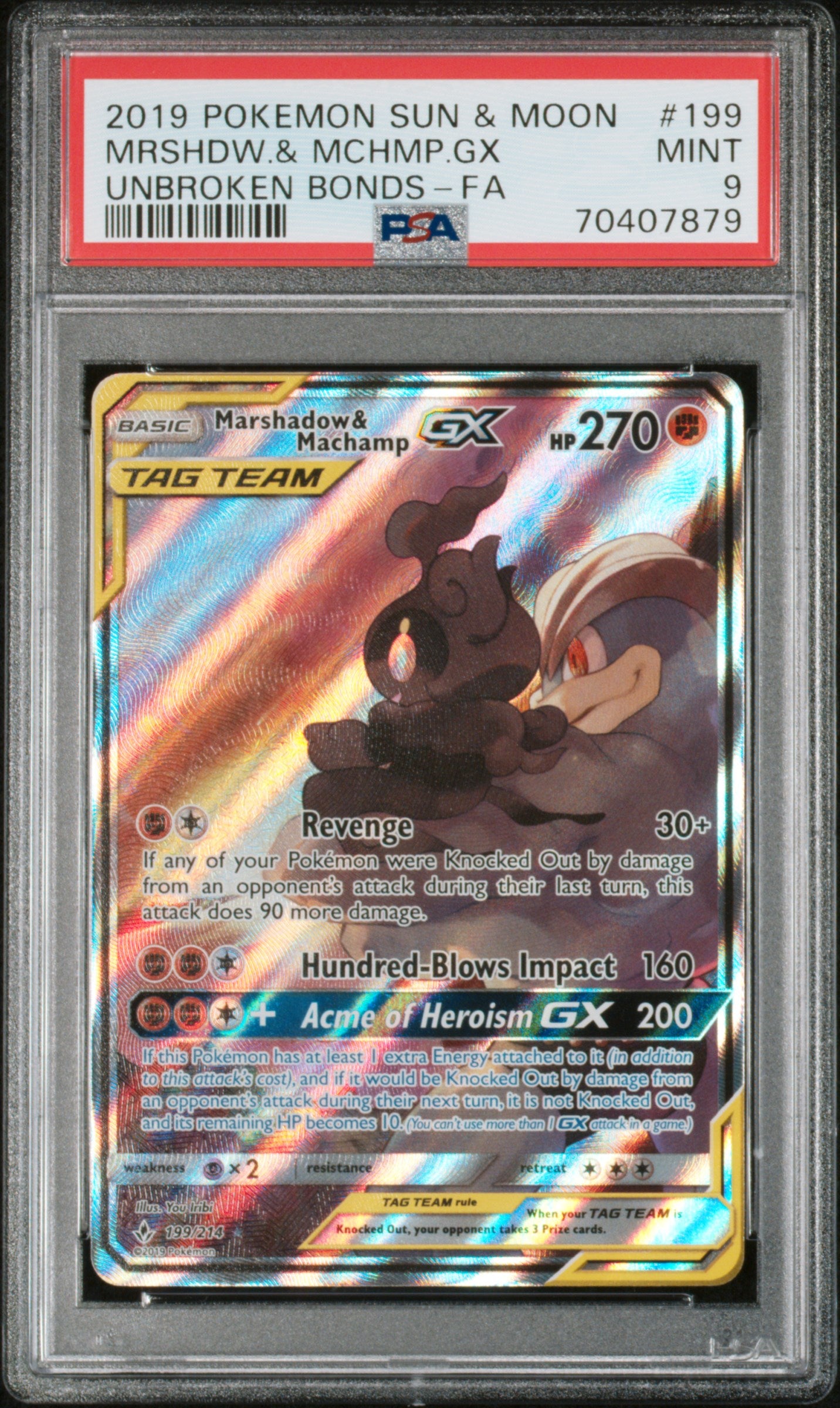 PSA 9 2019 POKEMON SUN & MOON UNBROKEN BONDS#199 FULL ART/MARSHADOW & MACHAMP GX