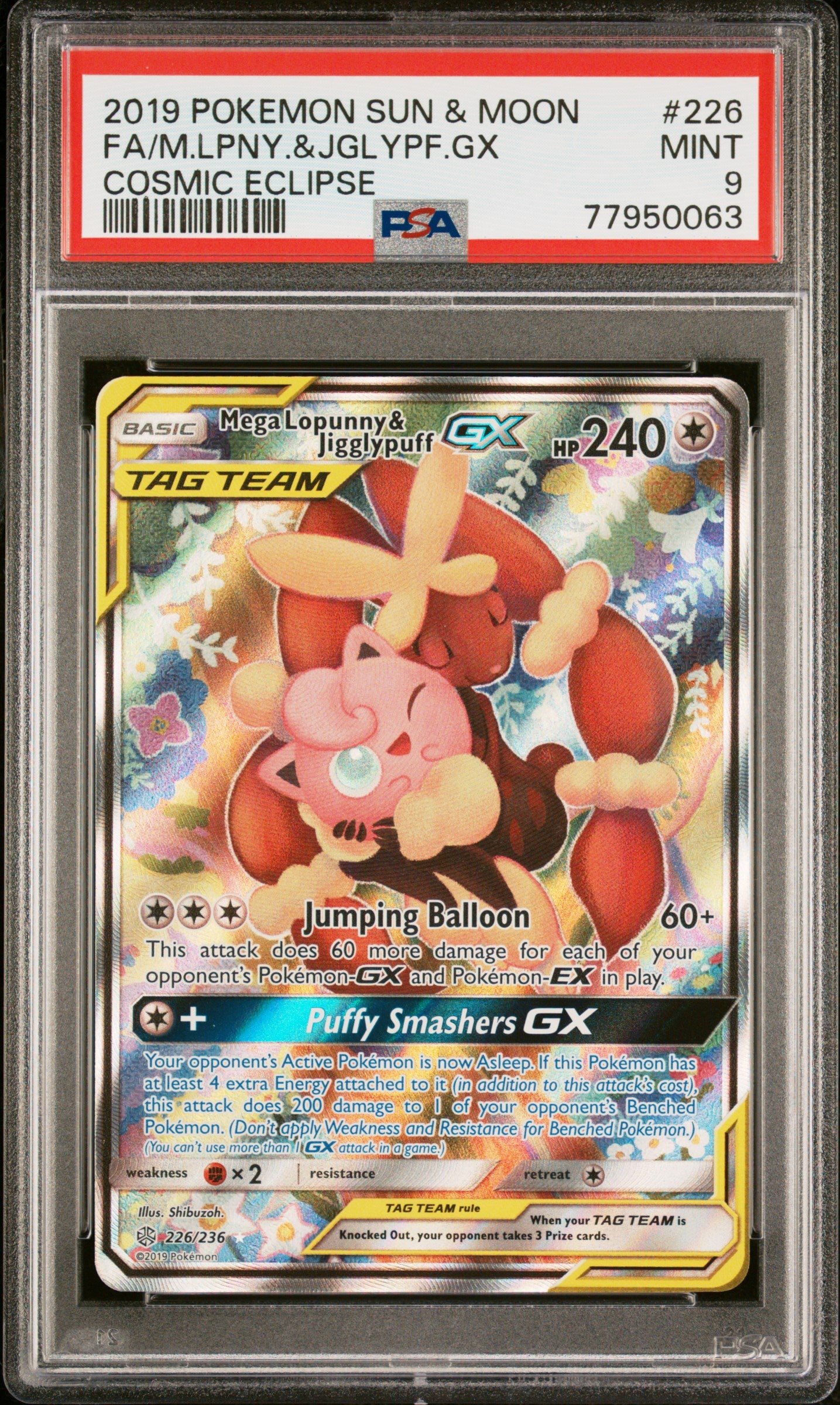 PSA 9 2019 POKEMON SUN & MOON COSMIC ECLIPSE#226 FULL ART/MEGA LOPUNNY & JIGGLYPUFF GX