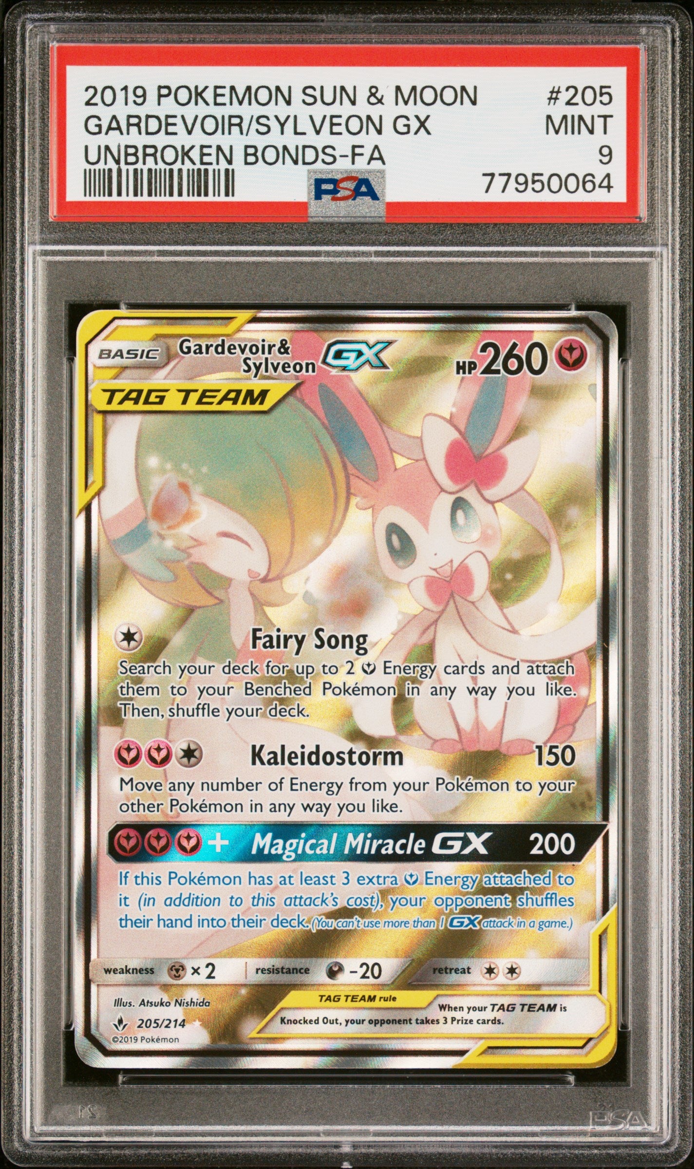 PSA 9 2019 POKEMON SUN & MOON UNBROKEN BONDS#205 FULL ART/GARDEVOIR & SYLVEON GX