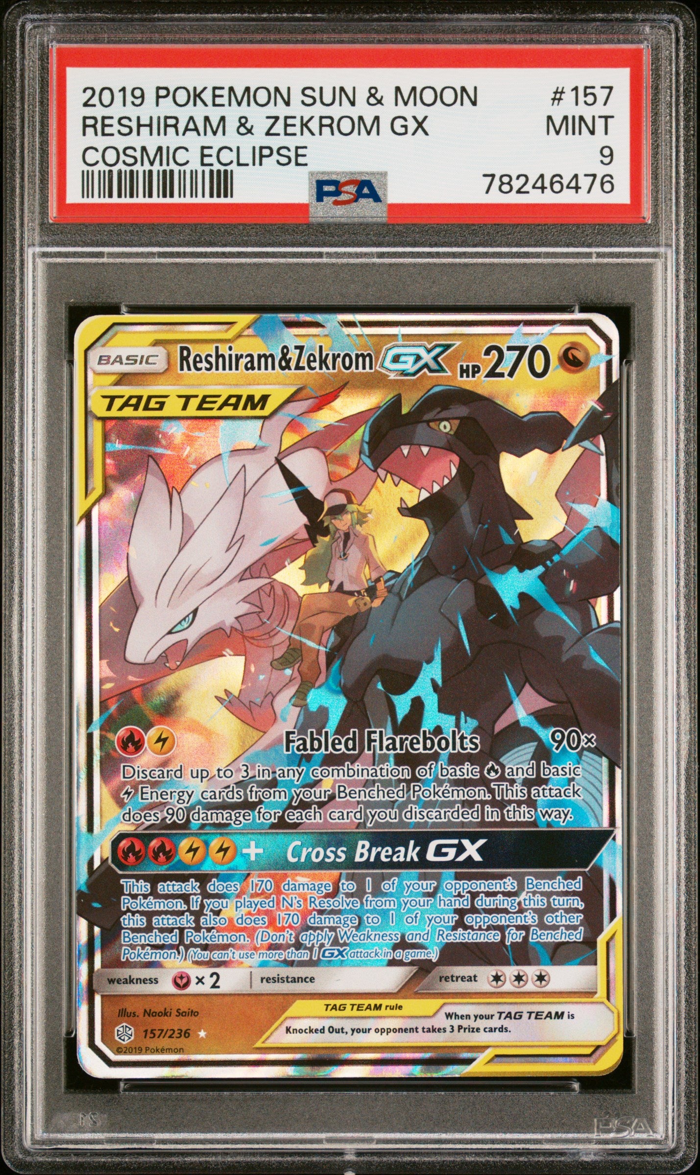 PSA 9 2019 POKEMON SUN & MOON COSMIC ECLIPSE#157 RESHIRAM & ZEKROM GX