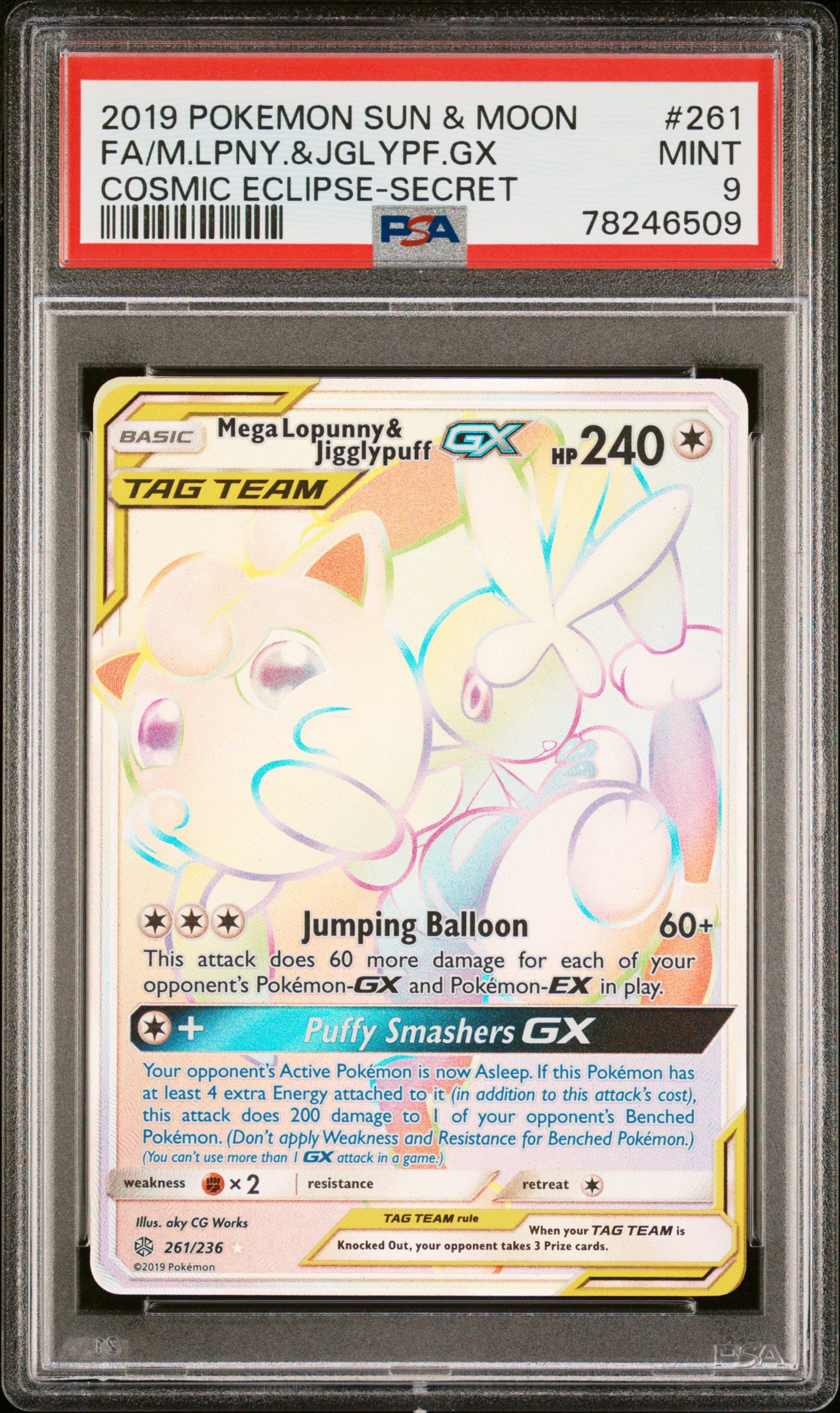 PSA 9 2019 POKEMON SUN & MOON COSMIC ECLIPSE | SECRET#261 FULL ART/MEGA-LOPUNNY & JIGGLYPUFF GX