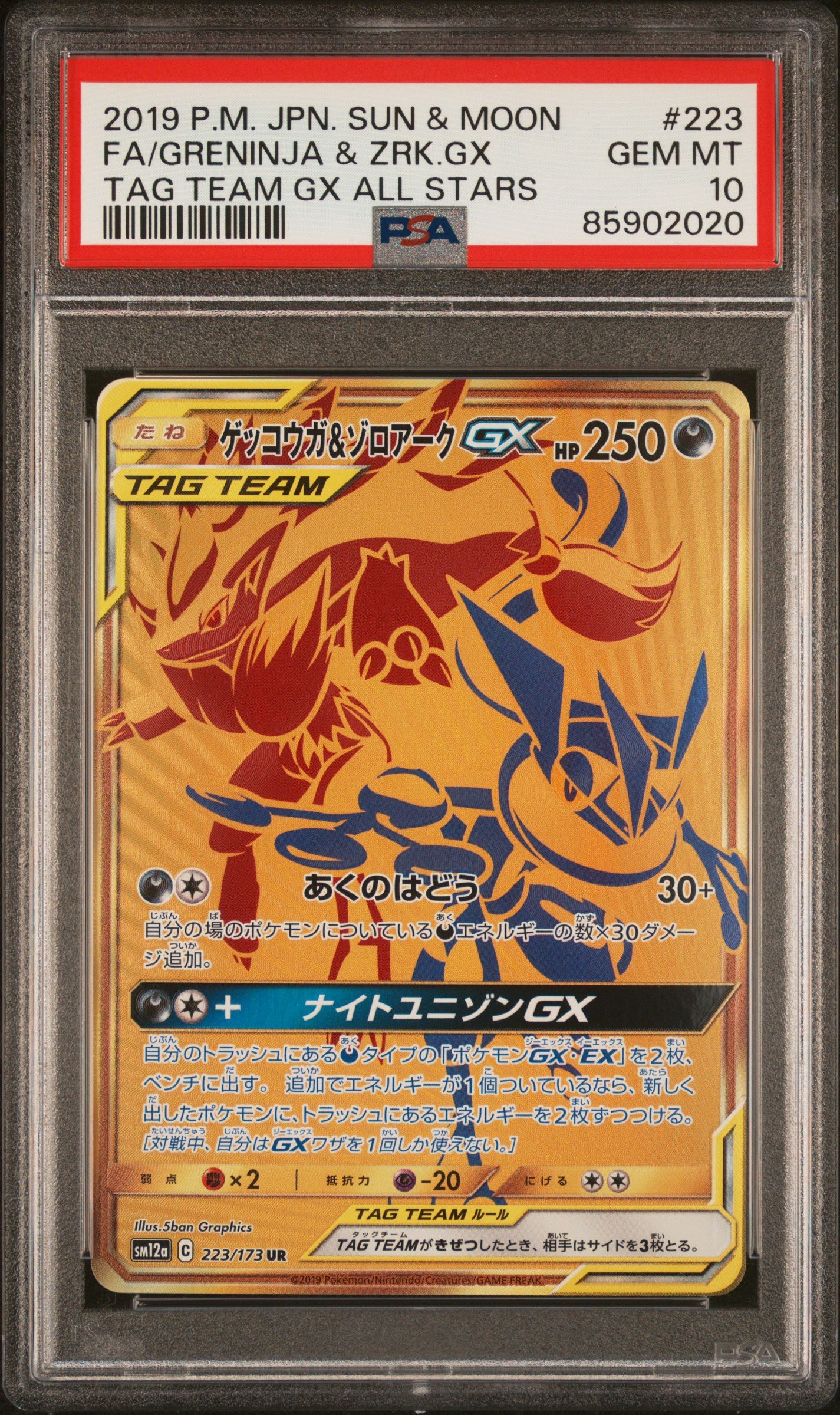 PSA 10 2019 POKEMON JAPANESE SUN & MOON TAG TEAM GX ALL STARS#223 FULL ART/GRENINJA & ZOROARK GX