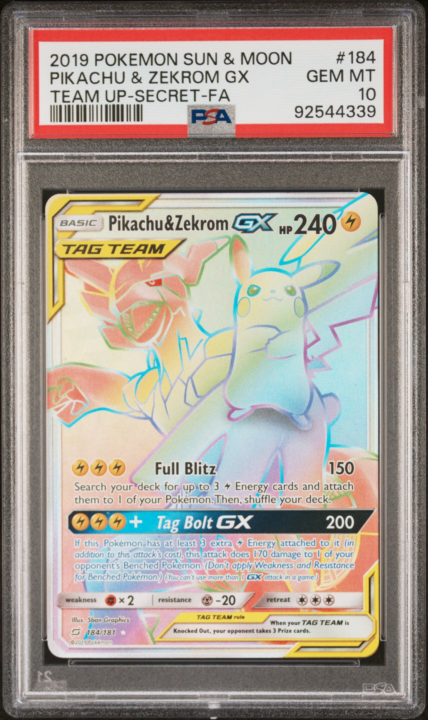 PSA 10 2019 Pokemon Sun & Moon Team Up #184 Pikachu & Zekrom Gx Team Up-Secret-Fa