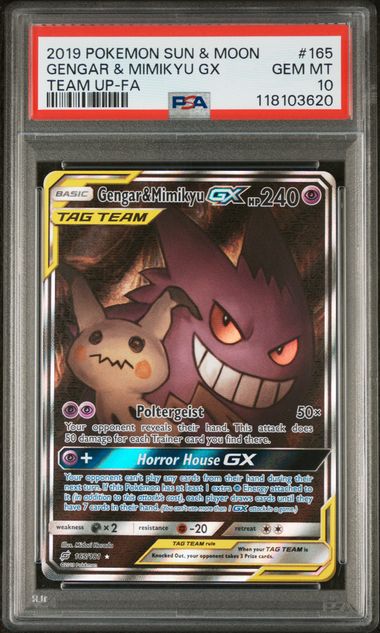PSA 10 2019 POKEMON SUN & MOON TEAM UP #165 GENGAR & MIMIKYU GX TEAM UP-FA