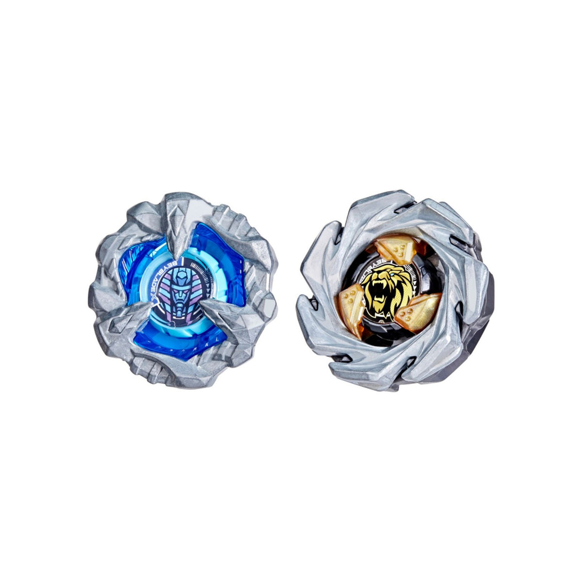 Hasbro Beyblade X Cowl Sphinx & Crest Leon — both Beyblades top view