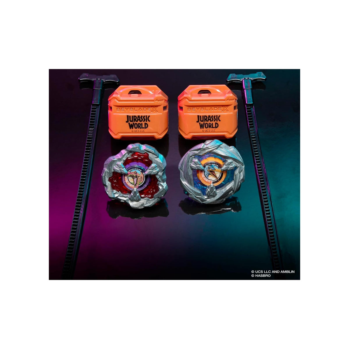 Hasbro Beyblade X Jurassic World Spinosaurus vs. Quetzalcoatlus Multipack — both Beyblades together