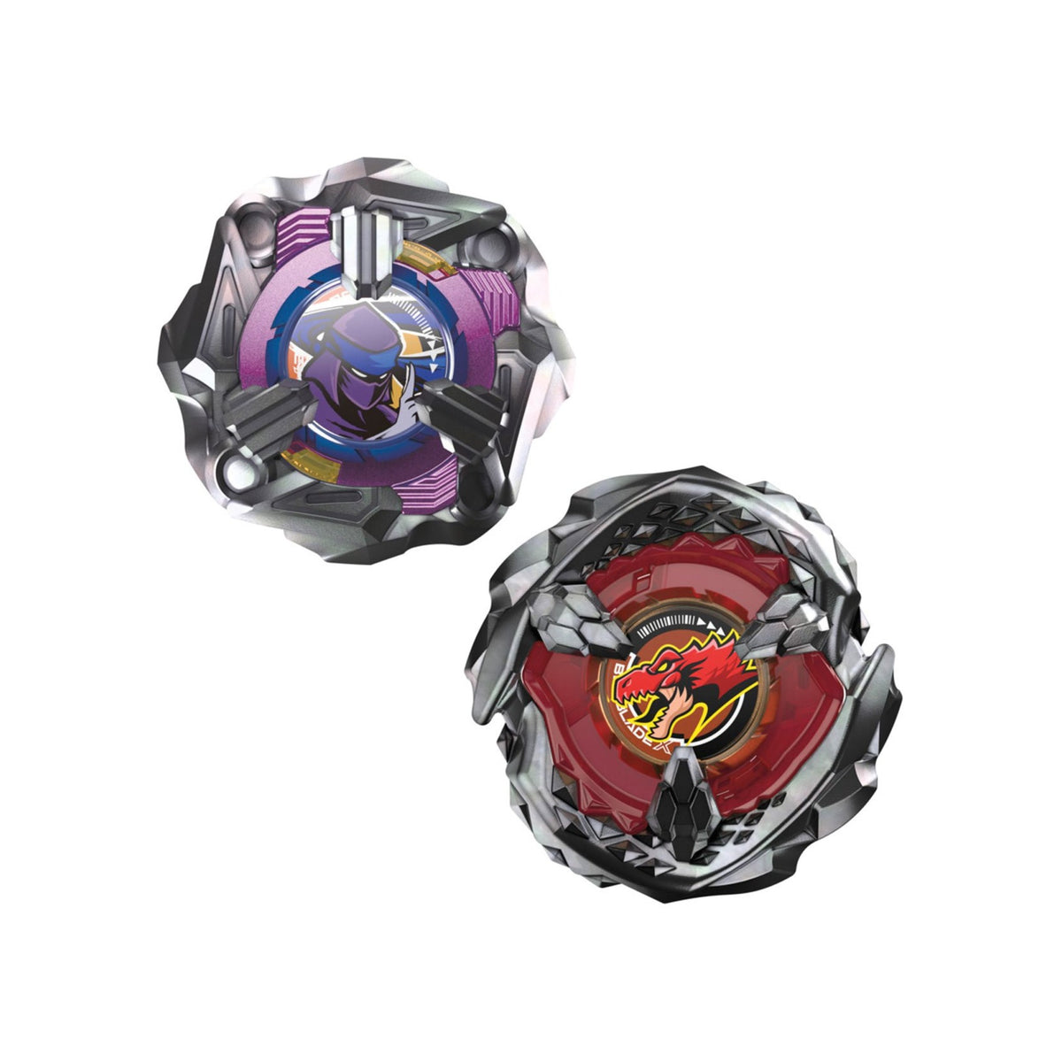 Hasbro Beyblade X Beat Tyranno 4-70Q and Knife Shinobi 4-80HN Dual Pack — both included Beyblades top view