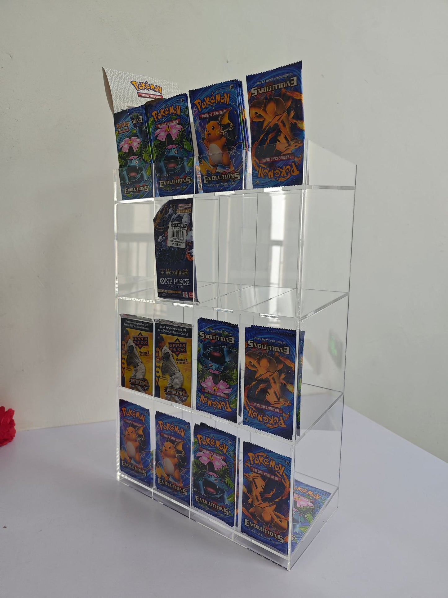EVORETRO Acrylic Display Stand for Booster  DispenserPacks – Retail Counter Unit with Top Shelf (Online Only)