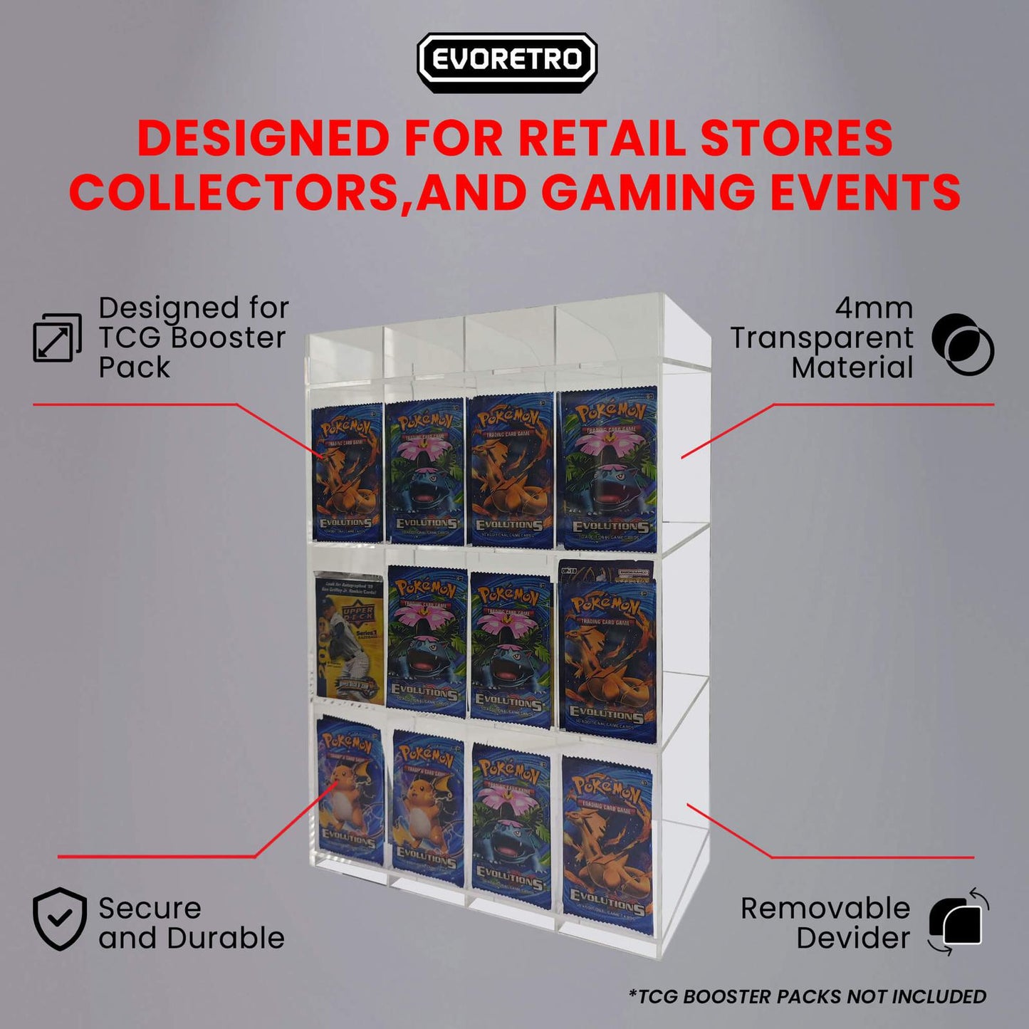 EVORETRO Acrylic Display Stand for Booster  DispenserPacks – Retail Counter Unit with Top Shelf (Online Only)
