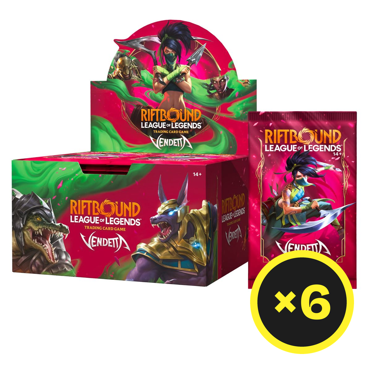 Riftbound Vendetta booster box case with six booster packs