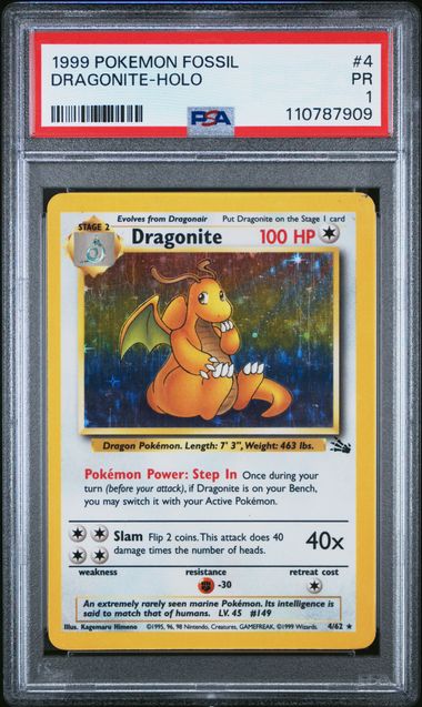 PSA 1 1999 POKEMON FOSSIL #4 DRAGONITE-HOLO