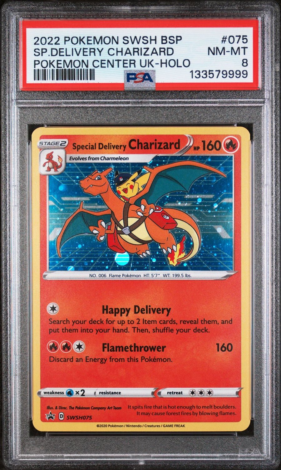 PSA 8 2022 POKEMON SWSH BLACK STAR PROMO #075 SP.DELIVERY CHARIZARD POKEMON CENTER UK-HOLO